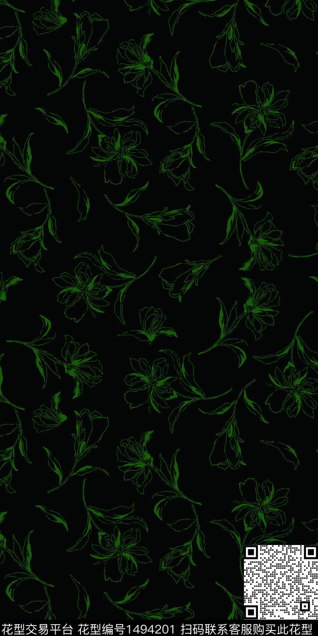 线条花卉黑底绿色.jpg - 1494201 - 线条 花卉 大牌风 - 数码印花花型 － 女装花型设计 － 瓦栏