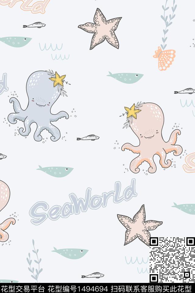 5.6海洋世界乌贼鱼.jpg - 1494694 - 童装 动物 趣味 - 数码印花花型 － 童装花型设计 － 瓦栏