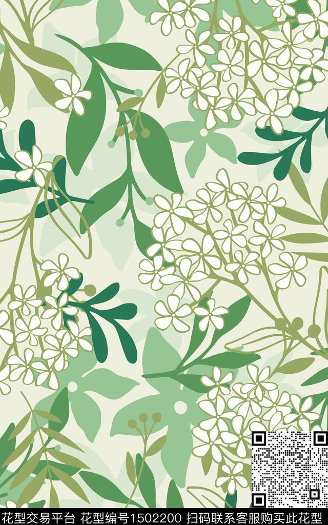 手绘花卉-绿夏（分层后）_画板 1 副本 5.jpg - 1502200 - 绿植树叶 花卉 大牌风 - 传统印花花型 － 床品花型设计 － 瓦栏
