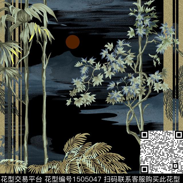 27.jpg - 1505047 - 黑底花卉 绿植树叶 中国风定位花 - 数码印花花型 － 女装花型设计 － 瓦栏