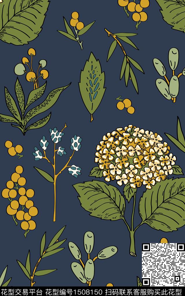 绣球花野果子植物组合_画板 1.jpg - 1508150 - 日韩 大牌风 绣球花 - 传统印花花型 － 床品花型设计 － 瓦栏
