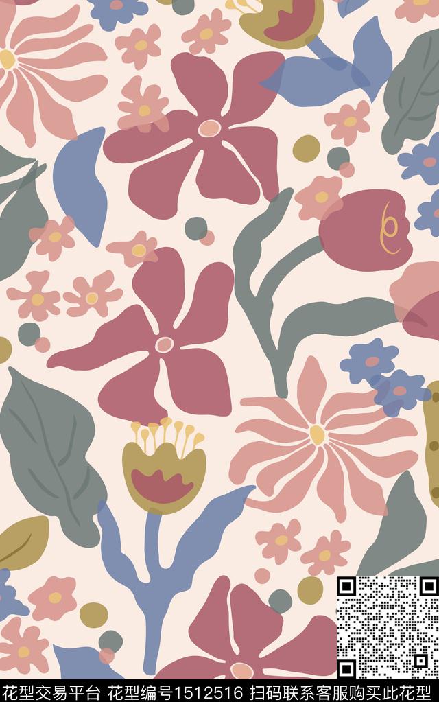 手绘流线花型满印_画板 1.jpg - 1512516 - 日韩 床品 抽象花卉 - 传统印花花型 － 床品花型设计 － 瓦栏