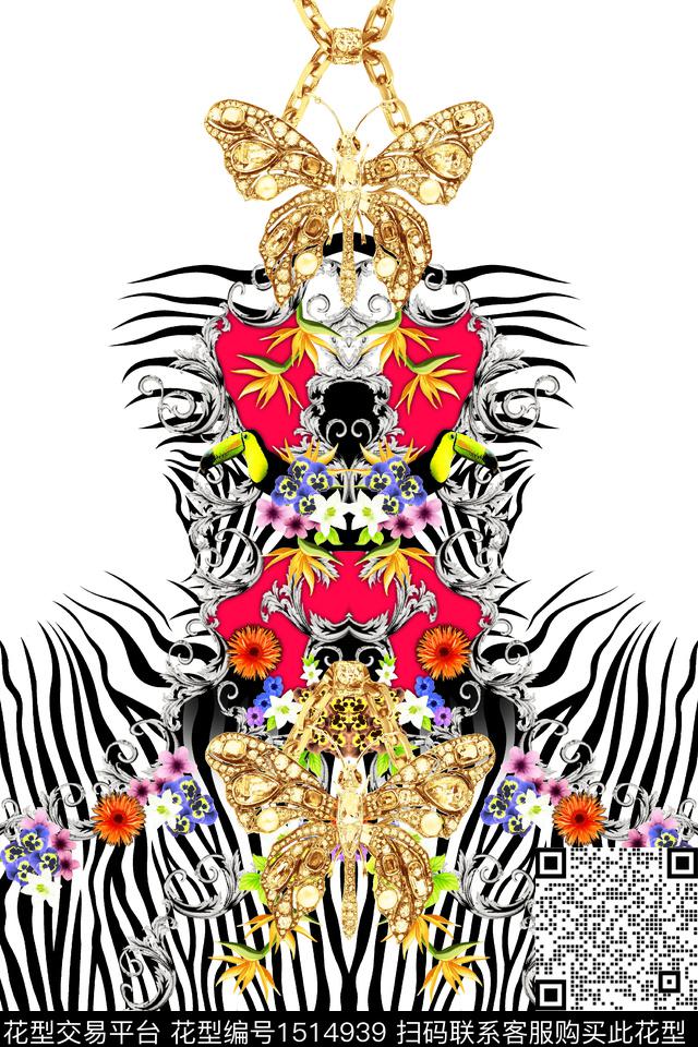 定位斑马纹热带花蝴蝶.jpg - 1514939 - 定位花 动物花卉 斑马纹 - 数码印花花型 － 女装花型设计 － 瓦栏