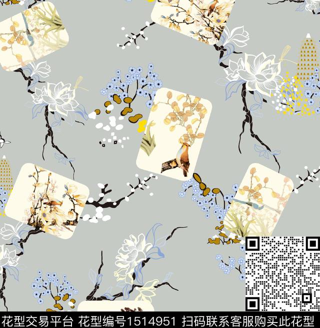 复古中国风水墨花.jpg - 1514951 - 花鸟 花卉 中国 - 数码印花花型 － 女装花型设计 － 瓦栏