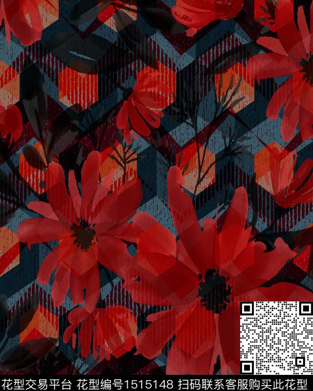 CSMYSJ0151.jpg - 1515148 - 几何 绿植树叶 数码花型 - 数码印花花型 － 女装花型设计 － 瓦栏