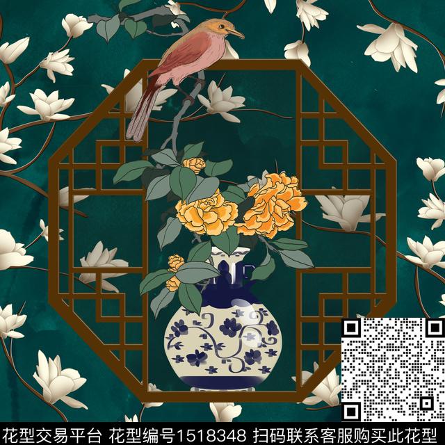 方巾6.jpg - 1518348 - 瓷器 花卉 鸟 - 数码印花花型 － 方巾花型设计 － 瓦栏