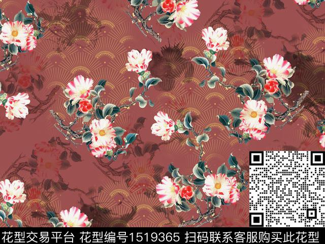 h2264.jpg - 1519365 - 绿植树叶 花卉 香云纱 - 数码印花花型 － 女装花型设计 － 瓦栏