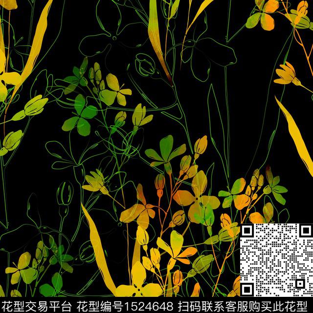 水墨花卉.jpg - 1524648 - 线条花卉 组合花卉 平涂花卉 - 数码印花花型 － 女装花型设计 － 瓦栏