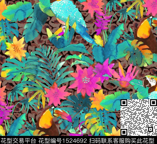 RM017 pat v.jpg - 1524692 - 鹦鹉 鲜花 热带花型 - 数码印花花型 － 女装花型设计 － 瓦栏