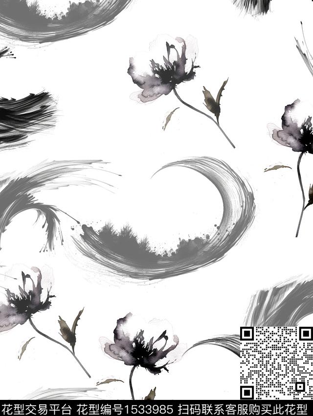 白底水墨风01.jpg - 1533985 - 黑白花型 水墨风 花卉 - 数码印花花型 － 女装花型设计 － 瓦栏