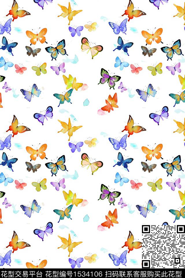 蝴蝶飞舞手绘图.jpg - 1534106 - 昆虫 手绘 蝴蝶 - 数码印花花型 － 女装花型设计 － 瓦栏