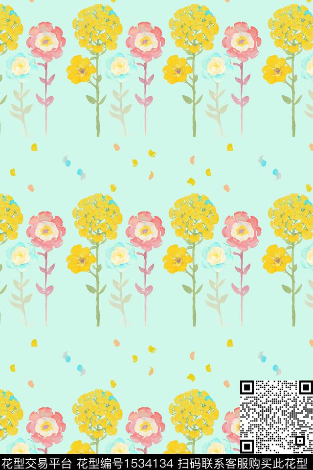 蓝底水彩手绘花.jpg - 1534134 - 手绘 水彩花卉 花卉 - 数码印花花型 － 女装花型设计 － 瓦栏