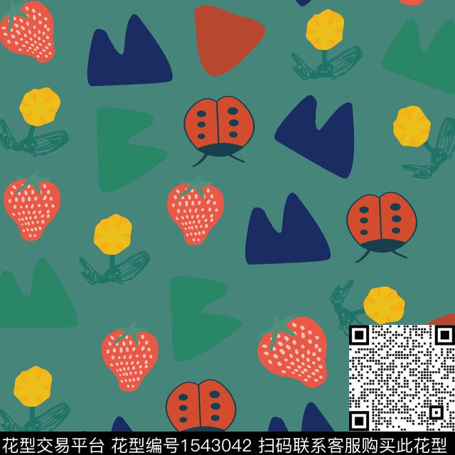 草莓山卡通.jpg - 1543042 - 瓢虫 山 草莓 - 数码印花花型 － 女装花型设计 － 瓦栏
