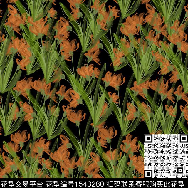 95D1566E-EAA6-4C2D-AE65-5291F2341C30.jpg - 1543280 - 花卉 植物 黑底 - 数码印花花型 － 泳装花型设计 － 瓦栏