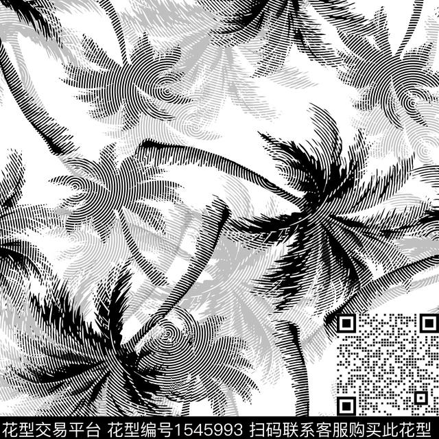 黑白灰椰子树.jpg - 1545993 - 椰子树 男装 黑白花型 - 数码印花花型 － 男装花型设计 － 瓦栏