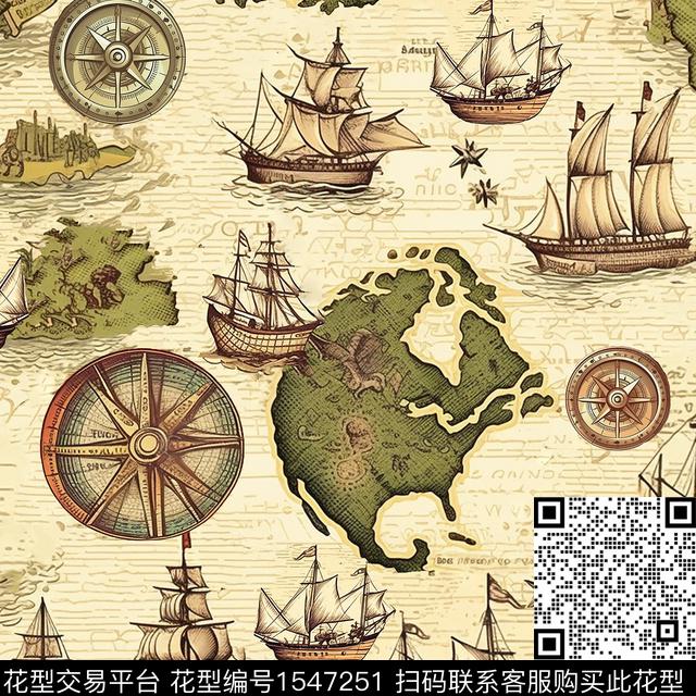 ZZ371 p.jpg - 1547251 - 古典 帆船 地图 - 数码印花花型 － 沙发布花型设计 － 瓦栏