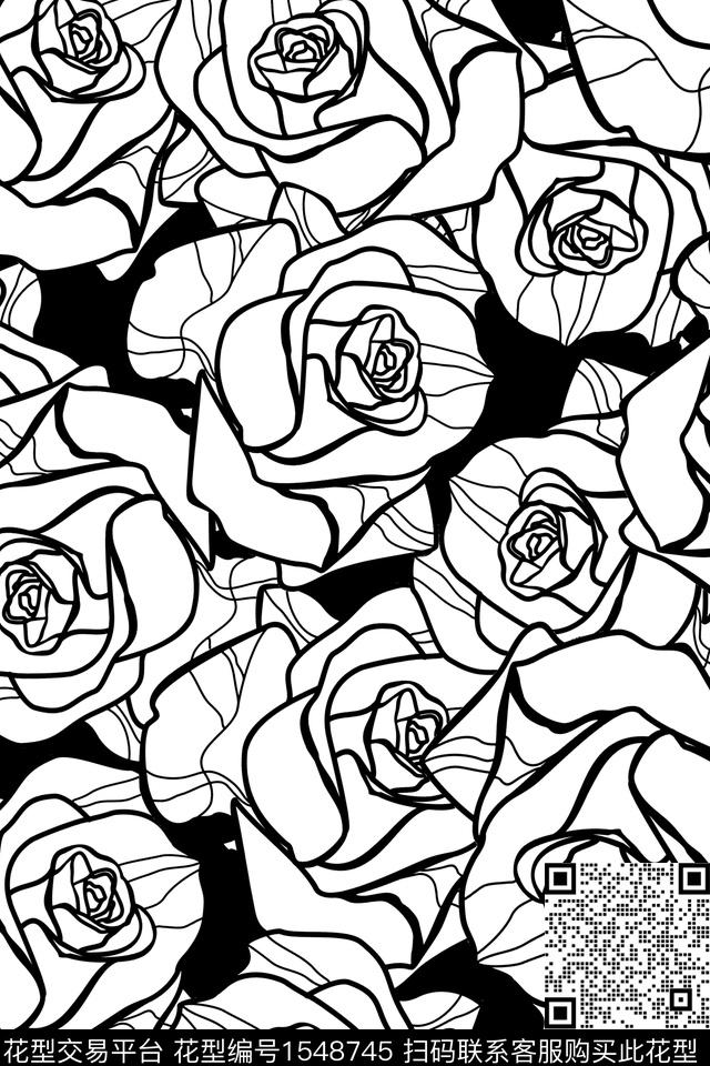 2023-0593.jpg - 1548745 - 花卉 大花 黑白 - 传统印花花型 － 女装花型设计 － 瓦栏