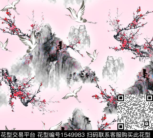 2-粉.jpg - 1549983 - 中国风 山 梅花 - 数码印花花型 － 女装花型设计 － 瓦栏