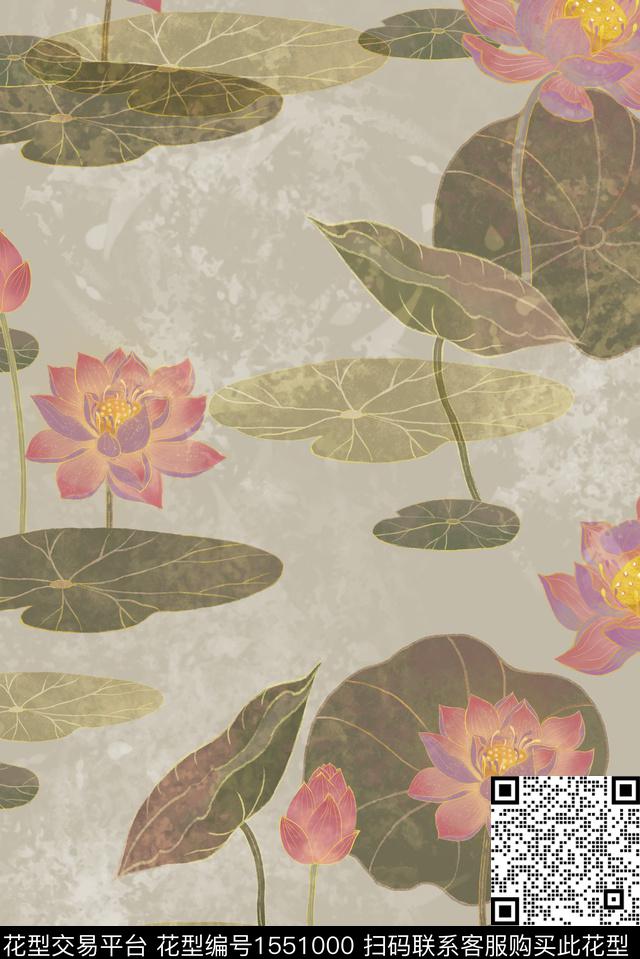 荷花  psd.jpg - 1551000 - 荷花 中国 花卉 - 数码印花花型 － 女装花型设计 － 瓦栏
