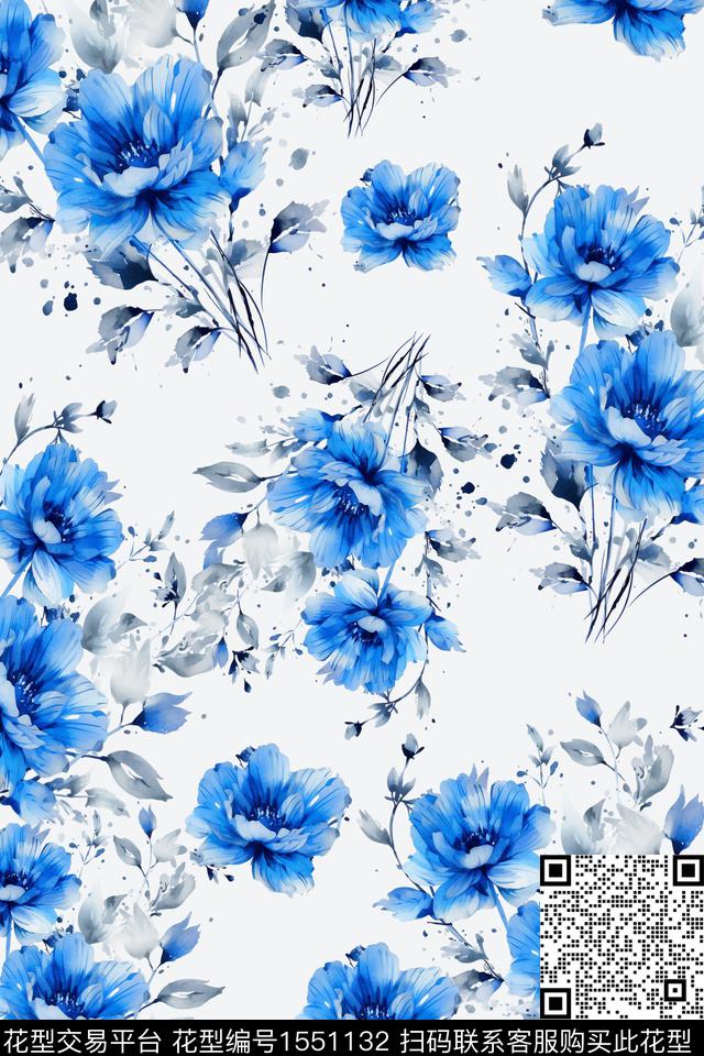 9.22蓝色花.jpg - 1551132 - 水彩 女装 花卉 - 数码印花花型 － 女装花型设计 － 瓦栏
