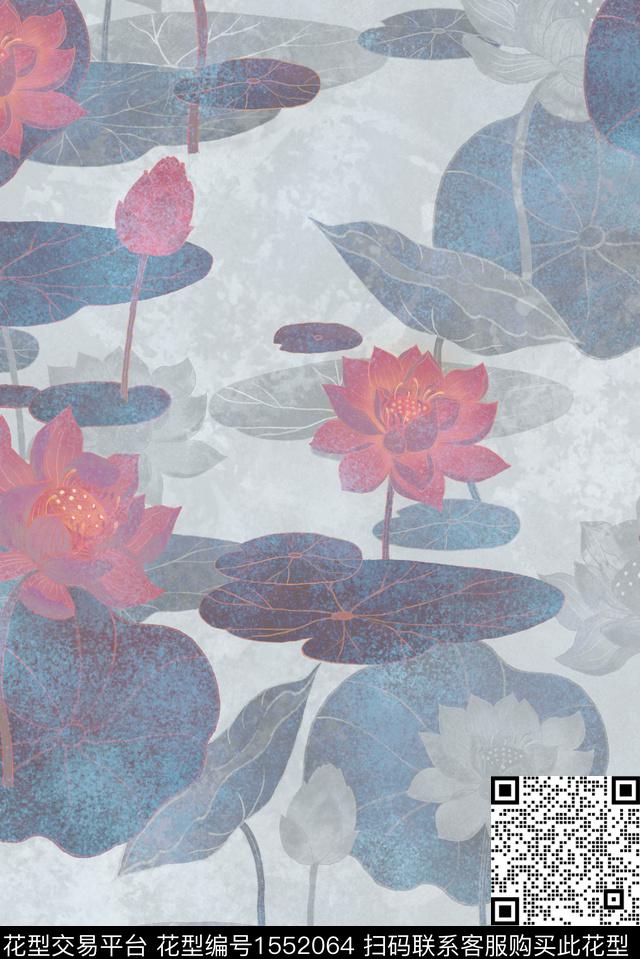 荷花2  PSD.jpg - 1552064 - 水墨风 中国 水彩花卉 - 数码印花花型 － 女装花型设计 － 瓦栏