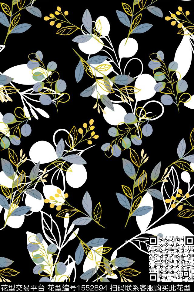 Z14478.jpg - 1552894 - 剪影 绿植树叶 黑底花卉 - 数码印花花型 － 女装花型设计 － 瓦栏