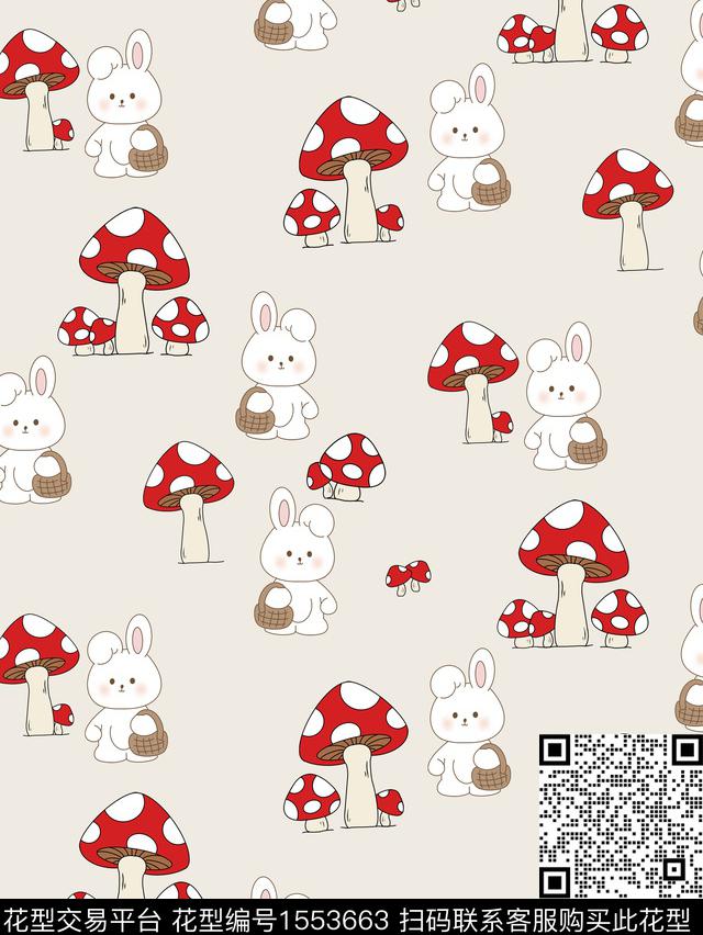 9.12采蘑菇的小白兔.jpg - 1553663 - 卡通 蘑菇 可爱 - 传统印花花型 － 童装花型设计 － 瓦栏