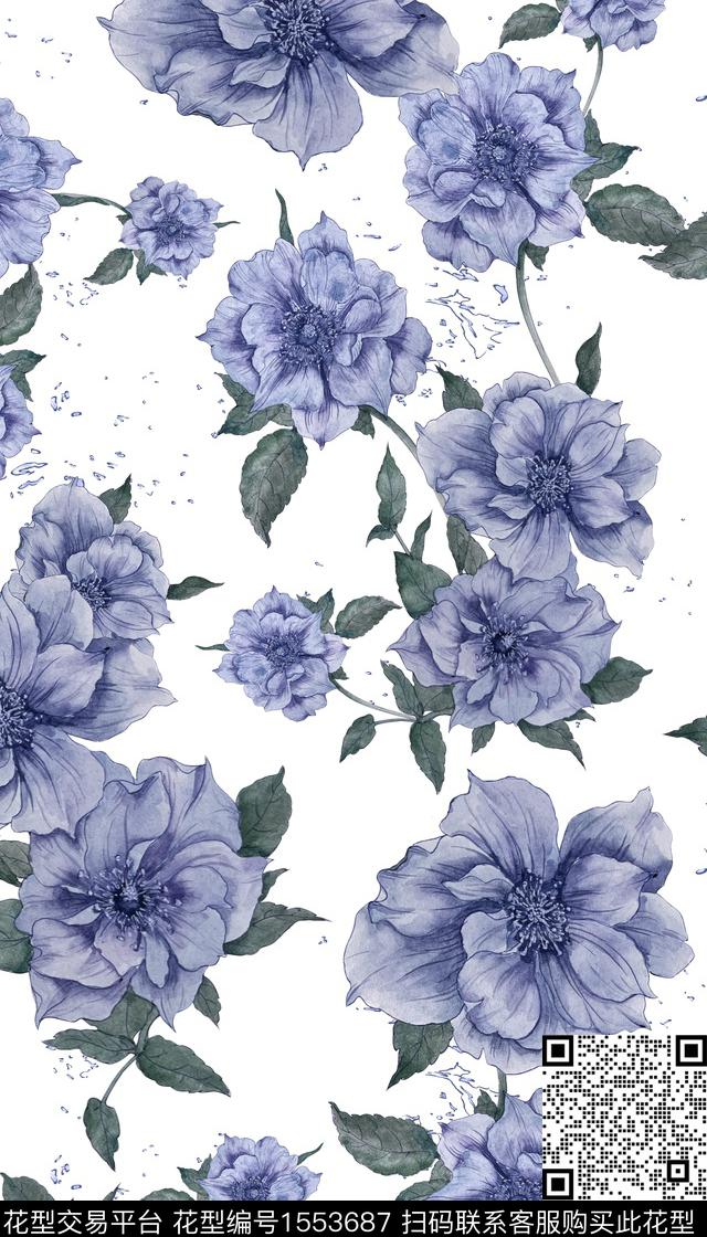 1-金樱子-蓝-四方连续.jpg - 1553687 - 手绘花卉 大花 花卉 - 数码印花花型 － 女装花型设计 － 瓦栏