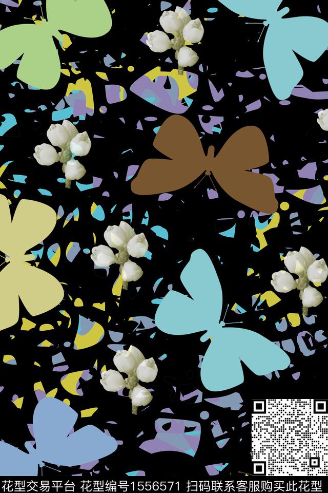 抽象花卉几何图形1.jpg - 1556571 - 剪影 蝴蝶 花卉 - 数码印花花型 － 女装花型设计 － 瓦栏