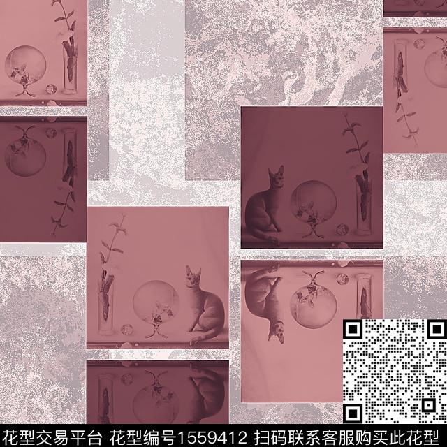 99101.jpg - 1559412 - 混合拼接 猫 几何 - 数码印花花型 － 沙发布花型设计 － 瓦栏