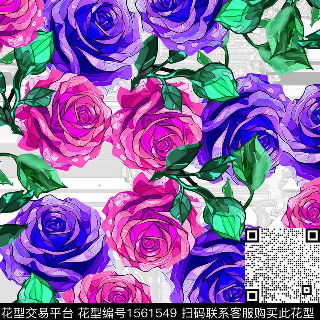 8383.jpg - 1561549 - 玫瑰花 抽象花卉 绘画 - 数码印花花型 － 女装花型设计 － 瓦栏