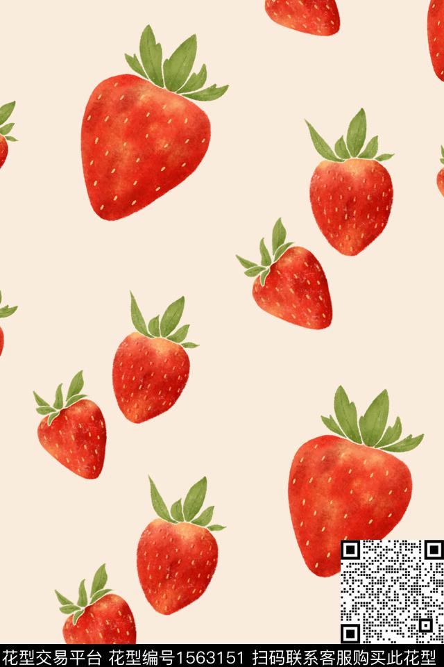 手绘草莓🍓.jpg - 1563151 - 春夏花型 水果 草莓 - 数码印花花型 － 女装花型设计 － 瓦栏