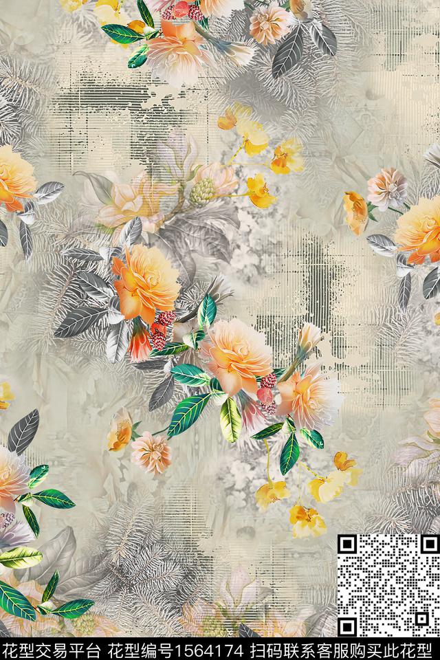 HDS-Y23071945.jpg - 1564174 - 跳接 底纹 花卉 - 数码印花花型 － 女装花型设计 － 瓦栏