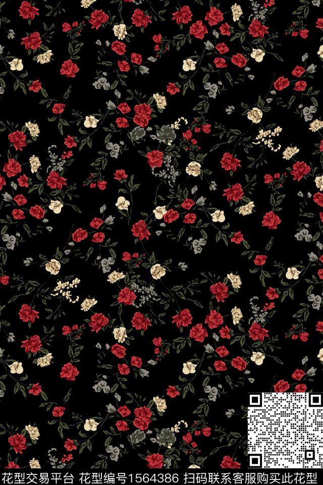 小碎花-2.jpg - 1564386 - 花卉 黑底花卉 小碎花 - 数码印花花型 － 女装花型设计 － 瓦栏