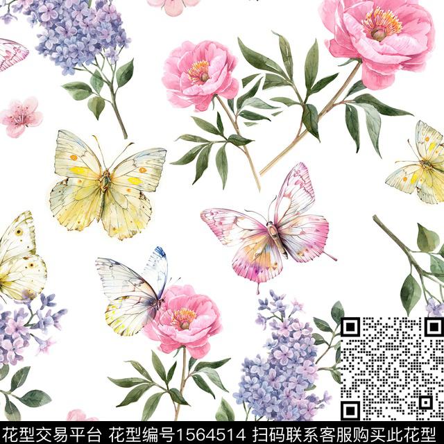 春日.jpg - 1564514 - 植物 蝴蝶 花卉 - 数码印花花型 － 女装花型设计 － 瓦栏