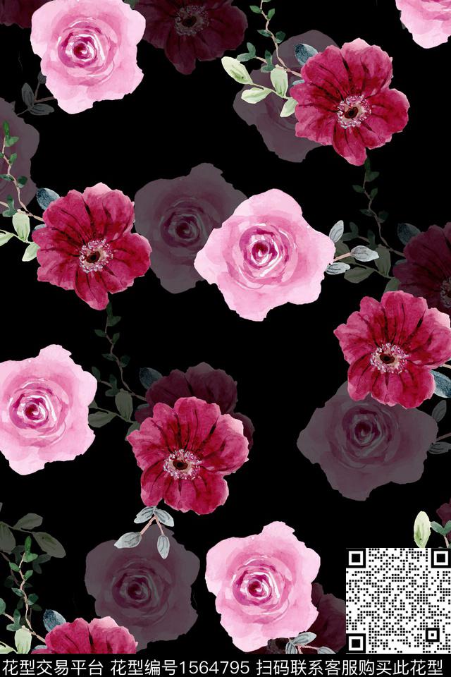 xZ5404.jpg - 1564795 - 影花 花卉 黑底花卉 - 数码印花花型 － 女装花型设计 － 瓦栏