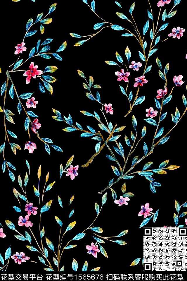 12-J1245y.jpg - 1565676 - 黑底花卉 水彩花卉 跳接 - 数码印花花型 － 女装花型设计 － 瓦栏