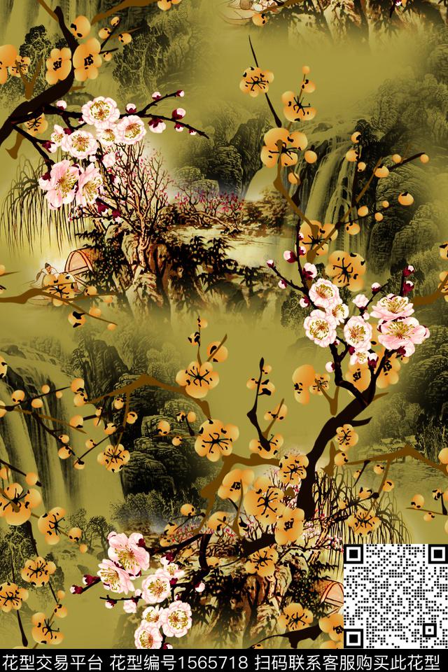TianL.E23284.jpg - 1565718 - 山水画 花卉 中国 - 数码印花花型 － 女装花型设计 － 瓦栏