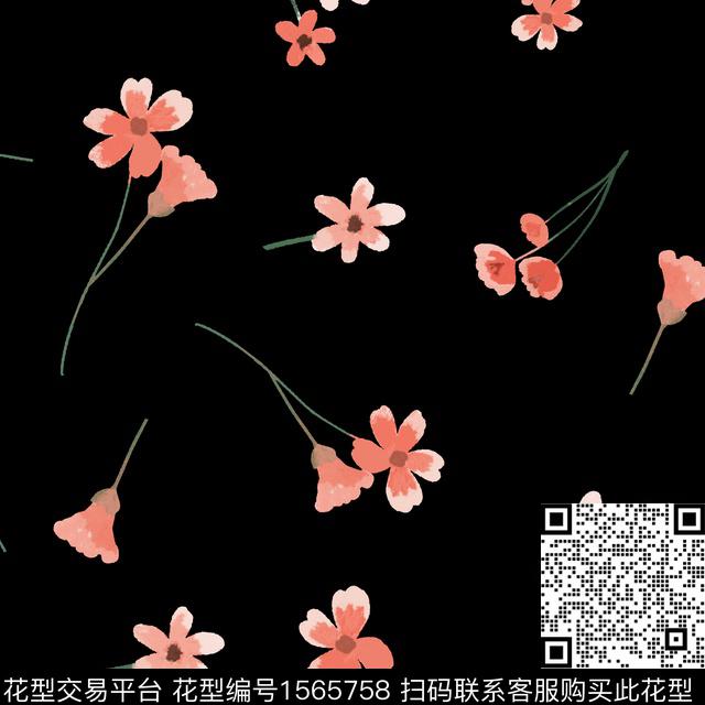 4花涂鸦.jpg - 1565758 - 黑底花卉 花卉 水彩花卉 - 数码印花花型 － 女装花型设计 － 瓦栏