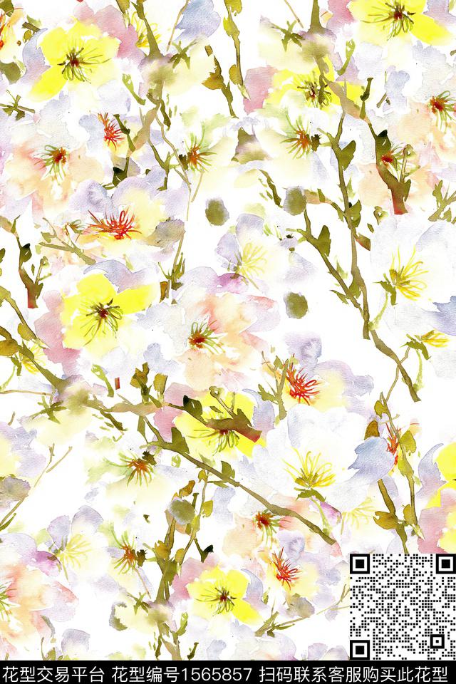 XZ5429.jpg - 1565857 - 水彩 花卉 树枝 - 数码印花花型 － 女装花型设计 － 瓦栏