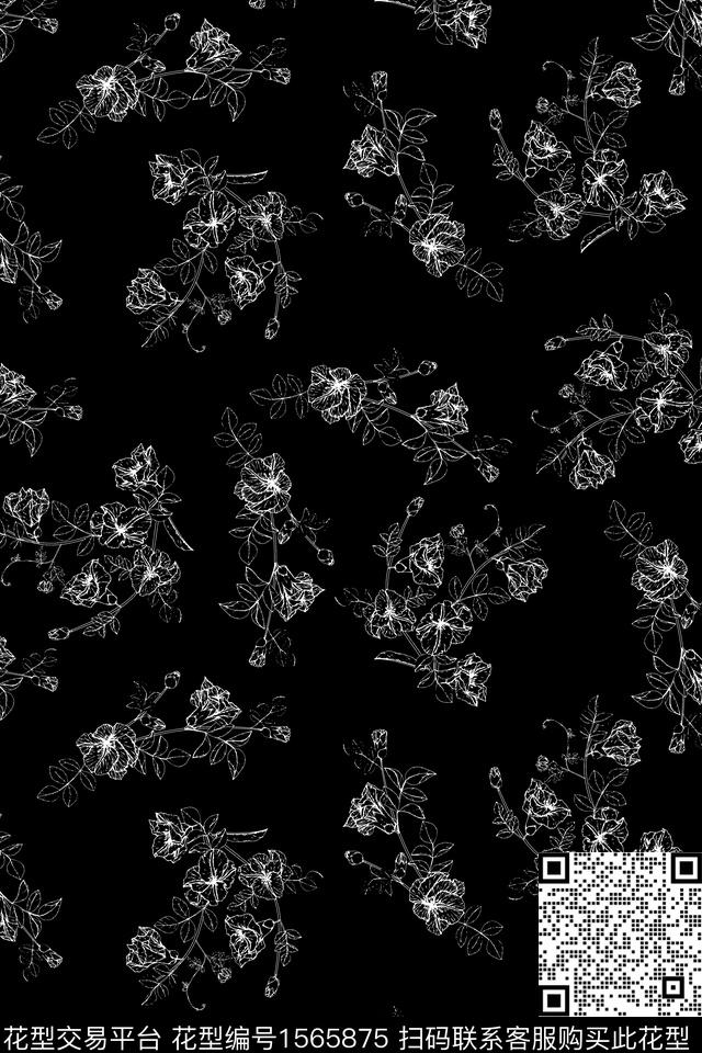 my-k01.jpg - 1565875 - 线条花卉 黑白花型 花卉 - 数码印花花型 － 女装花型设计 － 瓦栏