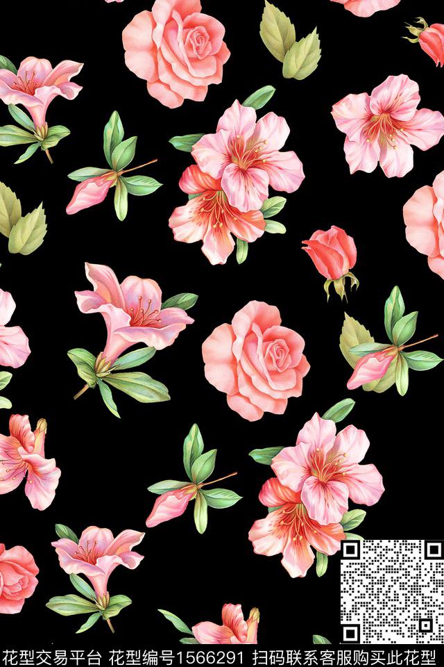 xz5436.jpg - 1566291 - 花卉 黑底花卉 水彩花卉 - 数码印花花型 － 女装花型设计 － 瓦栏