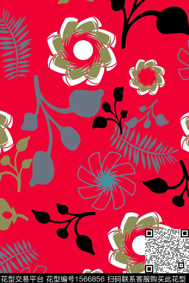 时尚花卉红底1.jpg - 1566856 - 花卉 几何花卉 剪影 - 数码印花花型 － 女装花型设计 － 瓦栏