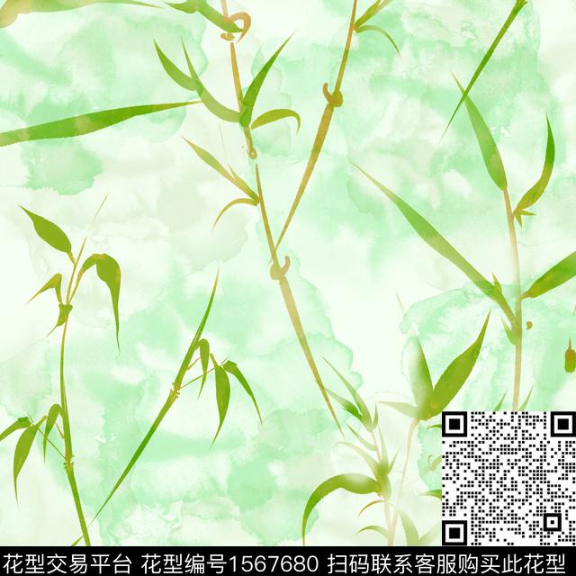 竹子5.5.jpg - 1567680 - 连衣裙 竹子 水彩 - 数码印花花型 － 女装花型设计 － 瓦栏