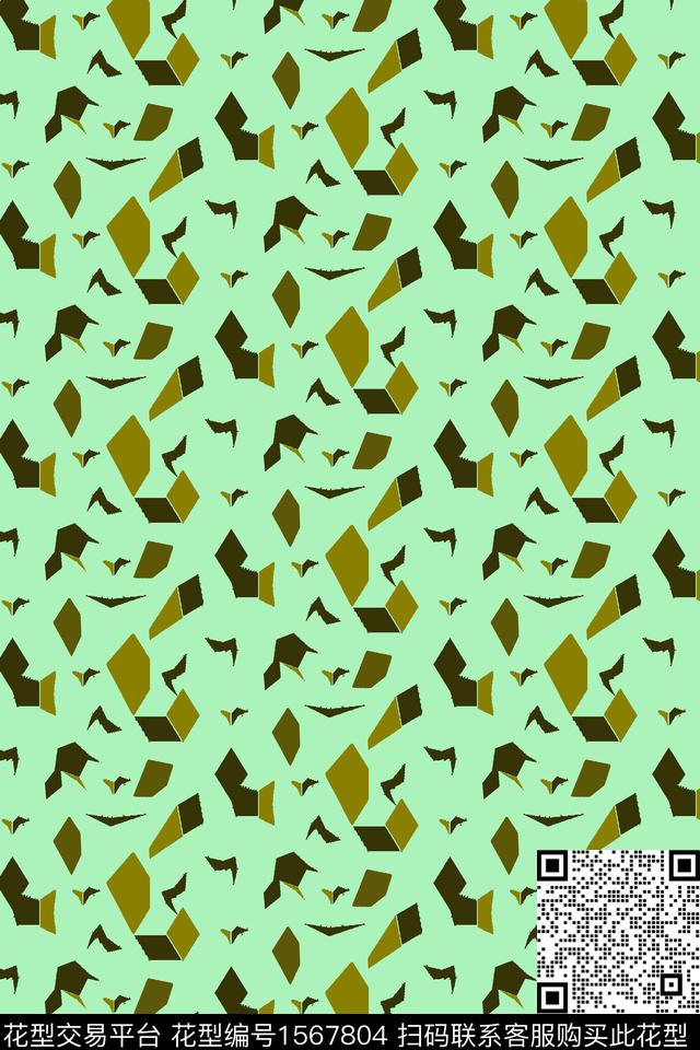 飞沙走石.jpg - 1567804 - 绿色 几何 碎片 - 数码印花花型 － 女装花型设计 － 瓦栏