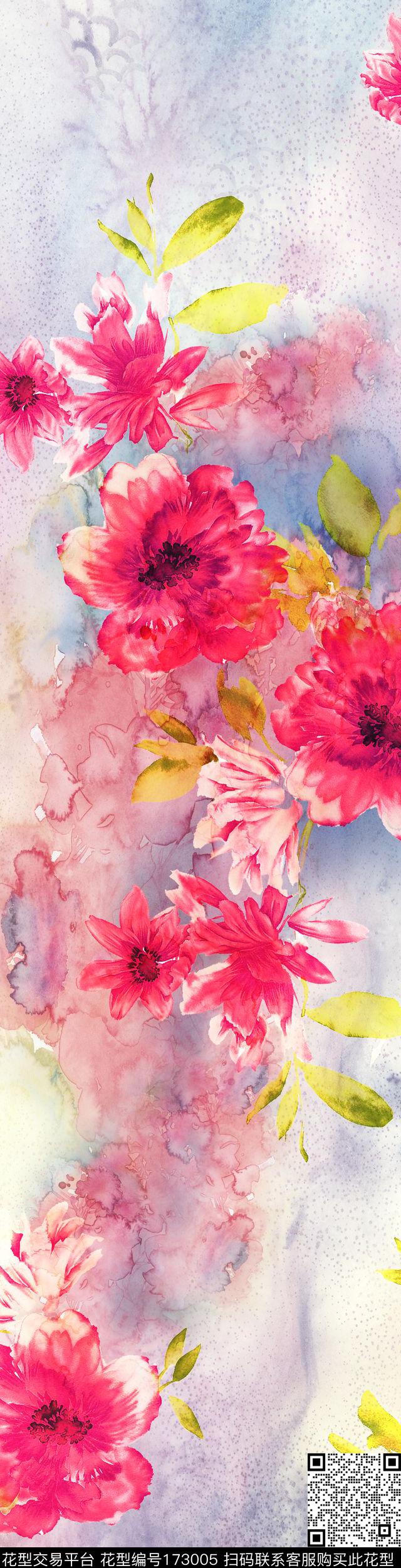 水墨花 - 173005 - 水彩 手绘 花卉 - 传统印花花型 － 床品花型设计 － 瓦栏