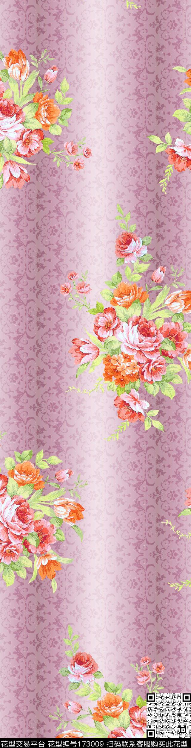 欧式花卉 - 173009 - 花纹 渐变色 植物 - 传统印花花型 － 床品花型设计 － 瓦栏