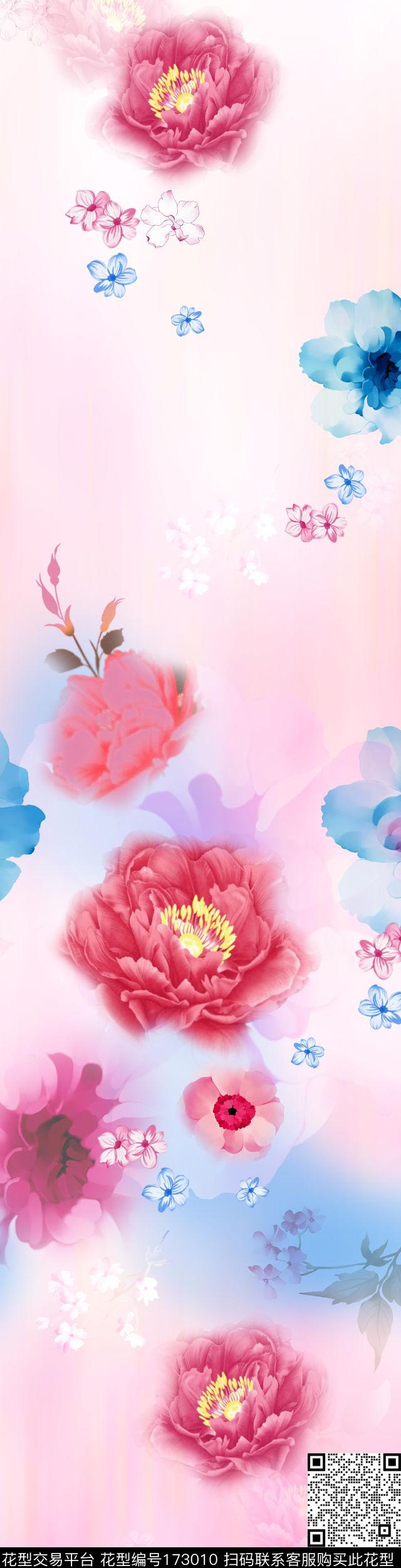 水彩花 - 173010 - 花卉 柔和 清新 - 传统印花花型 － 床品花型设计 － 瓦栏