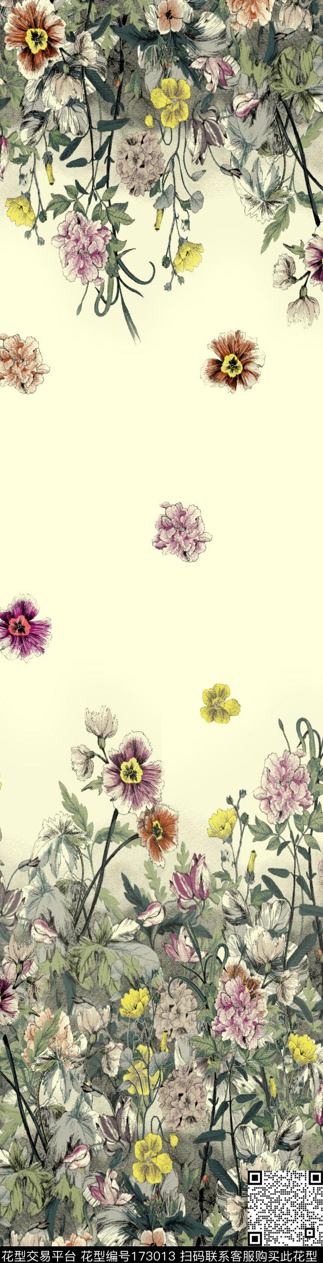 写实 - 173013 - 手绘花卉 花丛 绘画 - 传统印花花型 － 床品花型设计 － 瓦栏
