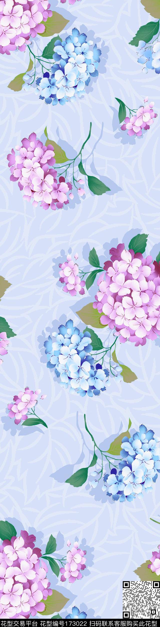 花卉 - 173022 - 矢量花纹 绣球花 花卉 - 传统印花花型 － 床品花型设计 － 瓦栏